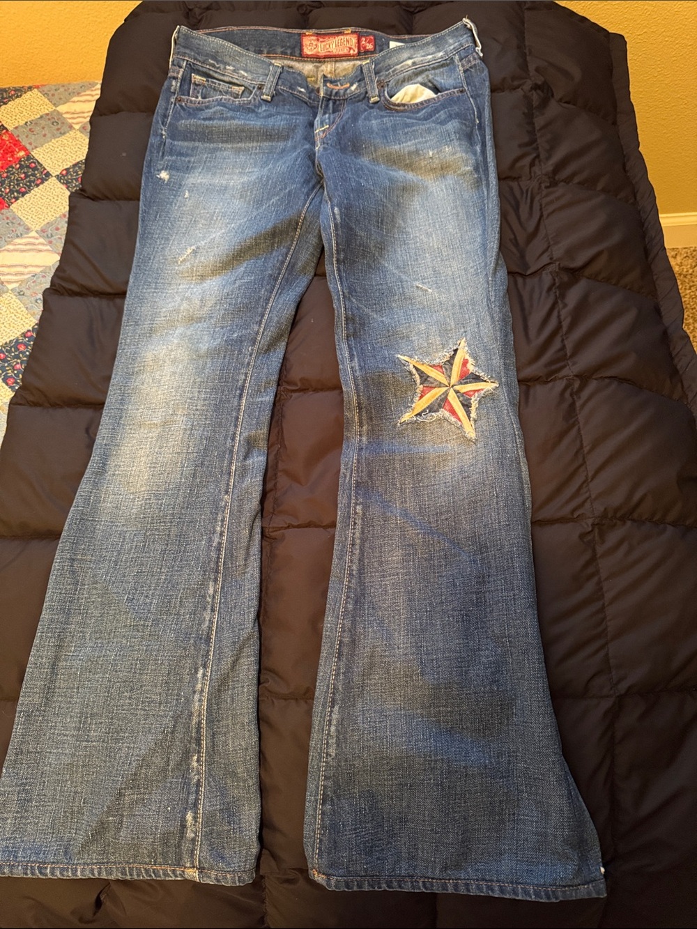 Lucky Brand Women’s Blue Distressed Flare Jeans with Star Patch